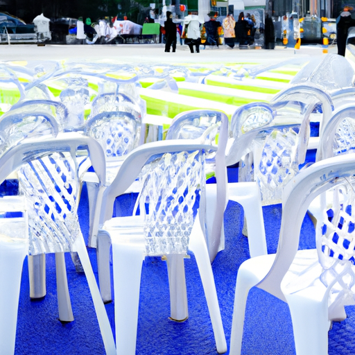 אירוע עמוס עם כיסאות פלסטיק מסוגננים מסודרים בצורה מסודרת.