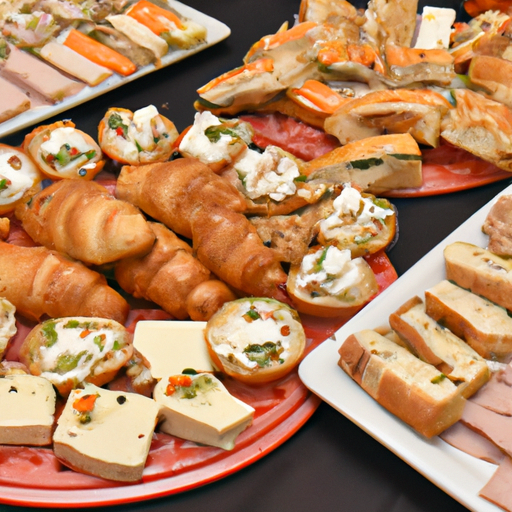 תמונה של שולחן מזנון מסודר להפליא עם מבחר מגוון של ארוחות וחטיפים.